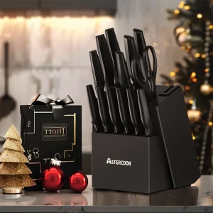 15 Pieces Stainless Steel Knife Block Set with Built-in Sharpener Block