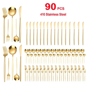 90Pcs Gold Stainless Steel Silverware - Heavy Duty Cutlery, 420 Stainless Steel Tableware Set
