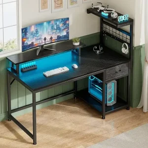 48" Computer Desk with LED, Storage & Power Outlets